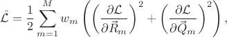 $$
\hat{\mathcal{L}} = \frac{1}{2} \sum_{m = 1}^{M}
w_{m} \left(
\left( \frac{\partial \mathcal{L} }{ \partial \vec{R}_{m} } \right)^2
+
\left( \frac{\partial \mathcal{L} }{ \partial \vec{Q}_{m} } \right)^2
\right),
$$