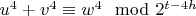 $u^4 + v^4\equiv w^4\mod 2^{t-4h}$