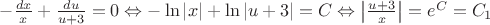 $\[ - \frac{{dx}}
{x} + \frac{{du}}
{{u + 3}} = 0 \Leftrightarrow  - \ln \left| x \right| + \ln \left| {u + 3} \right| = C \Leftrightarrow \left| {\frac{{u + 3}}
{x}} \right| = {e^C} = C_1\]$