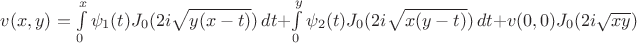 $v(x,y)=\int\limits_0^x \psi_1(t)J_0(2i\sqrt{y(x-t)})\,dt+\int\limits_0^y \psi_2(t)J_0(2i\sqrt{x(y-t)})\,dt+v(0,0)J_0(2i\sqrt{xy})$