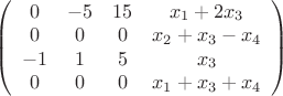 $
\left( \begin{array}{cccc}
0 & -5 & 15 & x_1+2x_3\\
0 & 0 & 0 &  x_2+x_3-x_4\\
-1 & 1 & 5 & x_3\\
0 & 0 & 0 &  x_1+x_3+x_4
\end{array} \right)
$