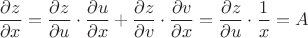 $\dfrac{\partial z}{\partial x}=\dfrac{\partial z}{\partial u}\cdot \dfrac{\partial u}{\partial x}+\dfrac{\partial z}{\partial v}\cdot \dfrac{\partial v}{\partial x}=\dfrac{\partial z}{\partial u}\cdot \dfrac{1}{ x}=A$
