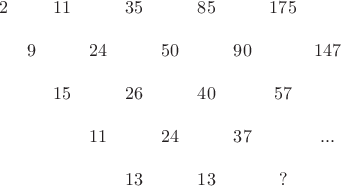$\begin{matrix}
2& &11 & &35 & & 85 & & 175 & & \\ 
&9 & &24 & &50 & &90 & &147 & \\
& & 15& & 26 & & 40 & & 57 & & \\
& & & 11& & 24& & 37& &... & \\
& & & & 13 & &13 & & ? &  &
\end{matrix} $