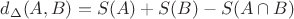 $d_\Delta(A,B)=S(A)+S(B)-S(A\cap B)$