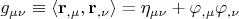 $g_{\mu \nu }  \equiv \left\langle {{\mathbf{r}}_{,\mu } ,{\mathbf{r}}_{,\nu } } \right\rangle  = \eta _{\mu \nu }  + \varphi _{,\mu } \varphi _{,\nu } $