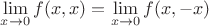 $\lim\limits_{x\to0}f(x,x)=\lim\limits_{x\to0}f(x,-x)$