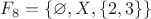 $F_8 = \{\varnothing, X, \{2, 3\}\}$