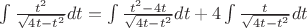 $\[\int {\frac{{{t^2}}}
{{\sqrt {4t - {t^2}} }}dt}  = \int {\frac{{{t^2} - 4t}}
{{\sqrt {4t - {t^2}} }}dt}  + 4\int {\frac{t}
{{\sqrt {4t - {t^2}} }}dt} \]$