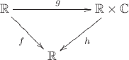 $$\xymatrix{\mathbb R\ar[rd]_f\ar[rr]^g&&{\mathbb R\times \mathbb C}\ar[ld]^{h}\\&\mathbb R}$$