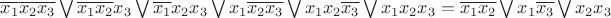 $\overline{x_1}\overline{x_2}\overline{x_3} \bigvee\overline{x_1}\overline{x_2}x_3 \bigvee \overline{x_1}x_2x_3 \bigvee x_1\overline{x_2}\overline{x_3} \bigvee x_1x_2\overline{x_3} \bigvee x_1x_2x_3 =\overline{x_1}\overline{x_2} \bigvee x_1\overline{x_3} \bigvee x_2x_3$