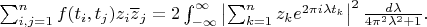 $\sum_{i,j=1}^nf(t_i,t_j)z_i\overline z_j=2\int_{-\infty}^\infty\left|\sum_{k=1}^nz_ke^{2\pi i\lambda t_k}\right|^2\frac{d\lambda}{4\pi^2\lambda^2+1}.$