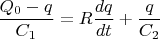 $$\frac{Q_0-q}{C_1}=R\frac{dq}{dt}+\frac{q}{C_2}$$