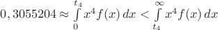 $0,3055204\approx\int\limits_0^{t_4} x^4 f(x)\, dx < \int\limits_{t_4}^{\infty} x^4 f(x)\, dx$