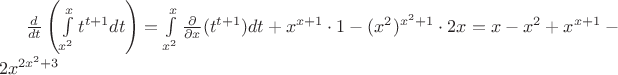 $\frac{d}{dt} \left(\int\limits^{x}_{x^2} t^{t+1}dt \right)=
	\int\limits^{x}_{x^2} \frac{\partial}{\partial x}(t^{t+1})dt+
	x^{x+1} \cdot 1 - (x^2)^{x^2+1} \cdot 2x
=x-x^2+x^{x+1}-2x^{2x^2+3}$