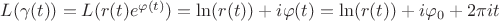 $L(\gamma(t))=L(r(t)e^{\varphi(t)})=\ln(r(t))+i \varphi(t)=\ln(r(t))+i \varphi_0+2\pi it$
