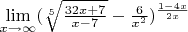 $\lim\limits_{x\rightarrow\infty}(\sqrt[5]{\frac{32x+7}{x-7}} - \frac{6}{x^2})^\frac{1-4x}{2x}$