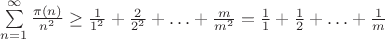 $\sum\limits_{n=1}^\infty\frac{\pi(n)}{n^2}\ge \frac{1}{1^2}+\frac{2}{2^2}+\ldots+\frac{m}{m^2}=\frac{1}{1}+\frac{1}{2}+\ldots+\frac{1}{m} $