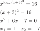 $\[
\begin{gathered}
  x^{\log _x (x + 3)^2 }  = 16 \hfill \\
  (x + 3)^2  = 16 \hfill \\
  x^2  + 6x - 7 = 0 \hfill \\
  x_1  = 1\,\,\,\,\,\,x_2  =  - 7 \hfill \\
   \hfill \\ 
\end{gathered} 
\]
$