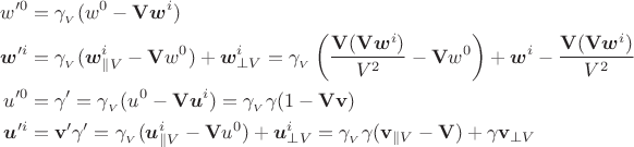 $$\begin{align}w'^0&=\gamma_{{}_V}(w^0-\mathbf{V}\boldsymbol{w}^i)\\\boldsymbol{w}'^i&=\gamma_{{}_V}(\boldsymbol{w}^i_{\parallel V}-\mathbf{V}w^0)+\boldsymbol{w}^i_{\perp V}=\gamma_{{}_V}\left(\dfrac{\mathbf{V}(\mathbf{V}\boldsymbol{w}^i)}{V^2}-\mathbf{V}w^0\right)+\boldsymbol{w}^i-\dfrac{\mathbf{V}(\mathbf{V}\boldsymbol{w}^i)}{V^2}\\u'^0&=\gamma'=\gamma_{{}_V}(u^0-\mathbf{V}\boldsymbol{u}^i)=\gamma_{{}_V}\gamma(1-\mathbf{V}\mathbf{v})\\\boldsymbol{u}'^i&=\mathbf{v}'\gamma'=\gamma_{{}_V}(\boldsymbol{u}^i_{\parallel V}-\mathbf{V}u^0)+\boldsymbol{u}^i_{\perp V}=\gamma_{{}_V}\gamma(\mathbf{v}_{\parallel V}-\mathbf{V})+\gamma\mathbf{v}_{\perp V}\end{align}$$