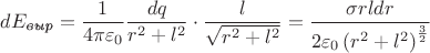 $$dE_\textit{выр} = \frac {1} {4 \pi \varepsilon_0} \frac {dq} {r^2 + l^2} \cdot \frac {l} {\sqrt {r^2 + l^2}} = \frac {\sigma rl dr} {2 \varepsilon_0 \left (r^2 + l^2 \right )^{\frac 3 2}}$$