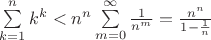 $\sum\limits_{k=1}^nk^k<n^n\sum\limits_{m=0}^{\infty}\frac1{n^m}=\frac{n^n}{1-\frac1n}$