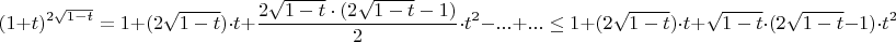 $$(1+t)^{2 \sqrt{1-t}}=1+(2\sqrt{1-t}) \cdot t +\frac{2\sqrt{1-t} \cdot (2\sqrt{1-t}-1)}{2} \cdot t^2-...+... \le 1 + (2\sqrt{1-t}) \cdot t + \sqrt{1-t} \cdot (2\sqrt{1-t}-1) \cdot t^2$