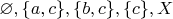 $\varnothing, \{a, c\}, \{b, c\}, \{c\}, X$