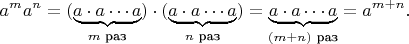 $$
a^ma^n=
(\underbrace{a\cdot a\cdots a}_{m\text{ раз}})\cdot (\underbrace{a\cdot a\cdots a}_{n\text{ раз}})=
\underbrace{a\cdot a\cdots a}_{(m+n)\text{ раз}}=
a^{m+n}.
$$