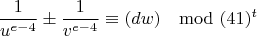 $$\frac{1}{u^{e-4}}\pm\frac{1}{v^{e-4}}\equiv (dw) \mod (41)^t$$
