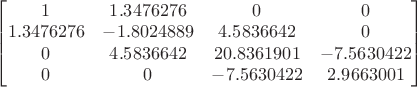 $
\begin{bmatrix}
1 & 1.3476276 & 0 & 0 \\
1.3476276 & -1.8024889 & 4.5836642 & 0\\
0 & 4.5836642 & 20.8361901 & -7.5630422 \\
0 & 0 & -7.5630422 & 2.9663001
\end{bmatrix}
$