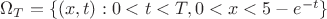 $\Omega_T=\{(x,t):0<t<T, 0<x<5-e^{-t}\}$