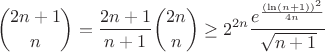 $$
\binom{2n+1}{n}=\frac{2n+1}{n+1}\binom{2n}{n}\geq 2^{2n}\frac{e^{
\frac{(\ln (n+1))^2}{4n}}}{\sqrt{n+1}}
$$