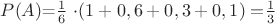 $P(A)$=$\frac 1 6$ \cdot (1+0,6+0,3+0,1)=$$\frac 1 3$$