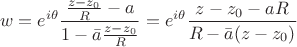 $$w=e^{i\theta}\dfrac{\frac{z-z_0}{R}-a}{1-\bar{a}\frac{z-z_0}{R}}=e^{i \theta}\dfrac{z-z_0-aR}{R-\bar{a}(z-z_0)}$$
