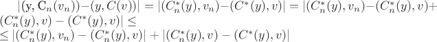 |(y, C_n(v_n)) - (y, C(v))|= |(C_n^*(y), v_n) - (C^*(y), v)|= |(C_n^*(y), v_n) - (C_n^*(y), v) + (C_n^*(y), v) - (C^*(y), v)|\leq\\\leq |(C_n^*(y), v_n) - (C_n^*(y), v)| + |(C_n^*(y), v) - (C^*(y), v)|
