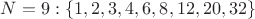 $N=9: \{1,2,3,4,6,8,12,20,32\}$