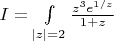 $I=\int\limits_{|z|=2}\frac{z^3e^{1/z}}{1+z}$