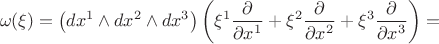 $$\omega(\xi)=\left(dx^1\wedge dx^2\wedge dx^3\right)\left(\xi^1\frac{\partial}{\partial x^1}+\xi^2\frac{\partial}{\partial x^2}+\xi^3\frac{\partial}{\partial x^3}\right)=$$