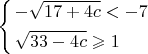 $\[\left\{ \begin{gathered}
   - \sqrt {17 + 4c}  <  - 7 \hfill \\
  \sqrt {33 - 4c}  \geqslant 1 \hfill \\ 
\end{gathered}  \right.\]$