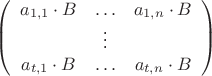 $\left( \begin{array}{ccc} a_{1,1} \cdot B & \ldots & a_{1,n} \cdot B \\ & \vdots & \\ a_{t,1} \cdot B & \ldots & a_{t,n} \cdot B \end{array} \right)$