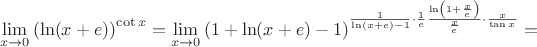 $$\lim_{x\rightarrow0}\left(\ln(x+e)\right)^{\cot{x}}=\lim_{x\rightarrow0}\left(1+\ln(x+e)-1\right)^{\frac{1}{\ln(x+e)-1}\cdot\frac{1}{e}\frac{\ln\left(1+\frac{x}{e}\right)}{\frac{x}{e}}\cdot\frac{x}{\tan{x}}}=$$