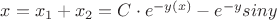 $x=x_1+x_2=C\cdot e^{-y(x)}-e^{-y}siny$ $x=x_1+x_2=C\cdot e^{-y(x)}-e^{-y}siny$