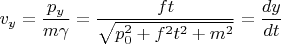 $v_y=\dfrac{p_y}{m\gamma}=\dfrac{ft}{\sqrt{p_0^2+f^2t^2+m^2}}=\dfrac{dy}{dt}$