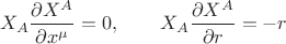 $$
X_A \frac{\partial X^A}{\partial x^\mu} = 0, \qquad X_A \frac{\partial X^A}{\partial r} = -r
$$