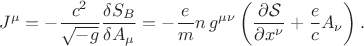 $$
J^{\mu}
= - \frac{c^2}{\sqrt{-g}} \frac{\delta S_{B}}{\delta A_{\mu}}
= - \frac{e }{m}
n \, g^{\mu \nu} \left( \frac{\partial \mathcal S}{\partial x^{\nu}} + \frac{e}{c} A_{\nu} \right).
$$