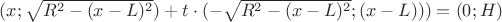 $(x;\sqrt {R^2-(x-L)^2})+t\cdot(-\sqrt {R^2-(x-L)^2}; (x-L)))=(0;H)$
