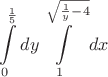 $$\int\limits_0^{\frac 1 5} dy \int\limits_1^{\sqrt {\frac 1 y -4}} dx$$ $$\int\limits_0^{\frac 1 5} dy \int\limits_1^{\sqrt {\frac 1 y -4}} dx$$