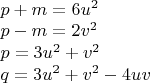 $\\p+m=6u^2\\
p-m=2v^2\\
p=3u^2+v^2\\
q=3u^2+v^2-4uv$