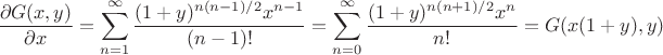 $$\frac{\partial G(x,y)}{\partial x} = \sum_{n=1}^{\infty} \frac{(1+y)^{n(n-1)/2}x^{n-1}}{(n-1)!} =\sum_{n=0}^{\infty} \frac{(1+y)^{n(n+1)/2}x^n}{n!} = G(x(1+y),y)$$
