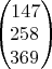 $\begin{pmatrix} 1  4  7 \\\!  2  5  8 \\\! 3 6 9 \end{pmatrix}$